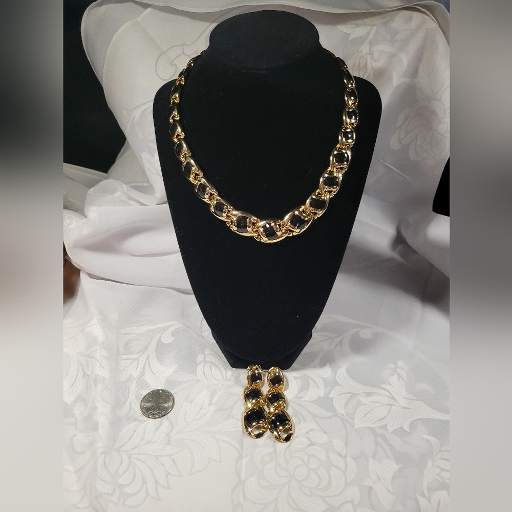 Necklace and earrings set goldtone and black enamel